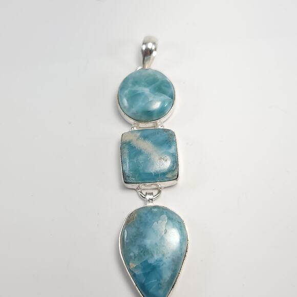 Serene Trio Larimar Sterling Pendant (2.5") on 18" Chain - Picture 4 of 10